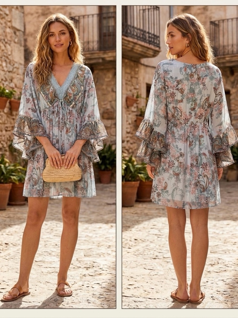 Angie bohemian-style paisley dress in light blue size S NWT